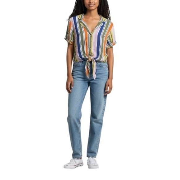 Forever 21 Striped Front-tie Button up Blouse S Blue - Picture 2 of 6